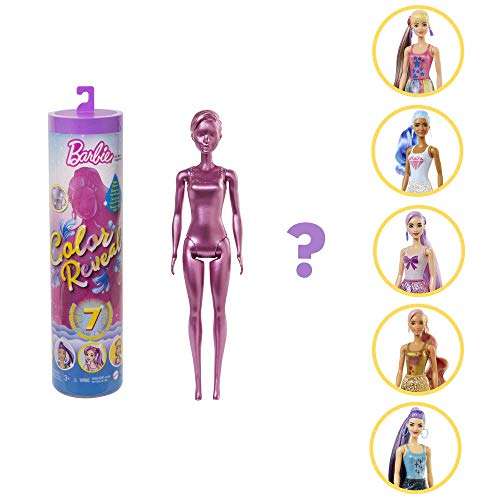 Barbie Color Reveal, muñeca sorpresa color metálico y brillo con accesorios (Mattel GTR93)