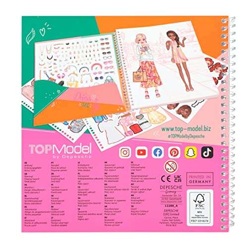 TOPModel Dress Me Up-Libro 24 páginas para diseñar Motivos y Conjuntos de Modelos, Cuaderno para Colorear con 11 Hojas de Pegatinas