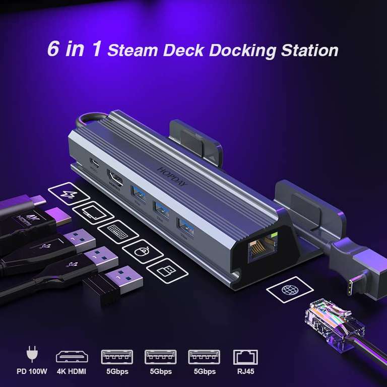 6 em 1 Steam Deck Dock, estação de acoplamento HOPDAY para Steam Deck com HDMI 4K@60Hz, 3 * USB 3.0, carregamento PD de 100 W,