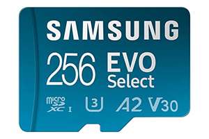 Tarjeta de memoria con adaptador Samsung EVO Select 256GB, microSD, A2, V30, 130 MB/s, FHD, 4K UHD, para Smartphone, Tablet, Cámaras, Drones