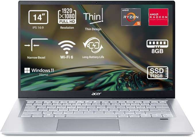 Acer Swift 3 SF314-43-R1PS - Ordenador Portátil 14" Full HD (AMD Ryzen 5 5500U, 8GB RAM, 512GB SSD, AMD Radeon Graphics, Windows 10)
