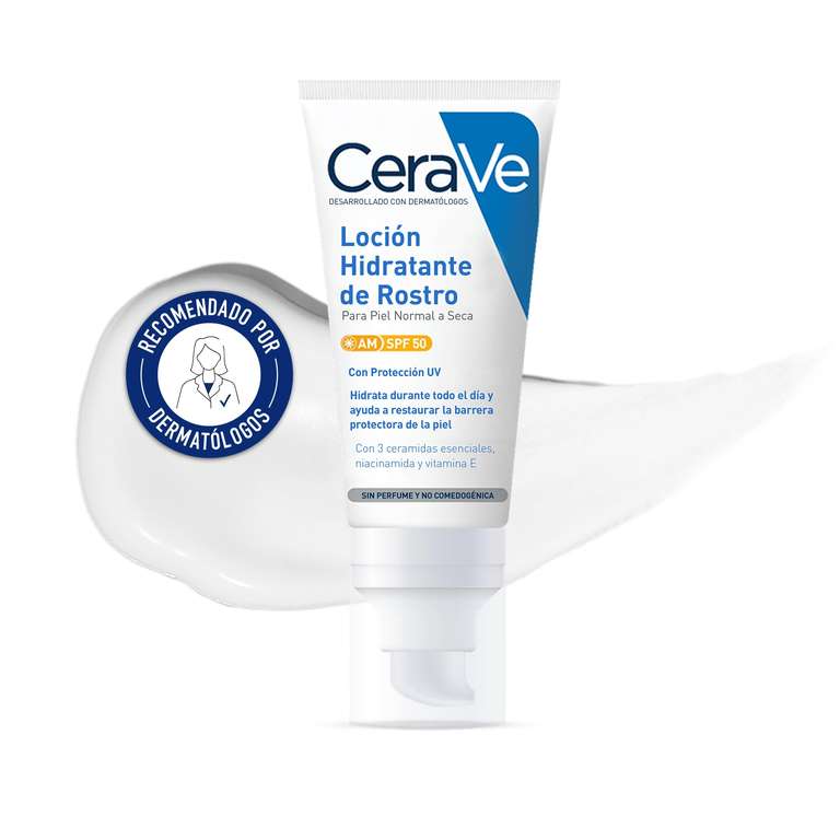 CeraVe, Loción Hidratante de Rostro SPF 50, Para Piel Normal a Seca, Hidratación y Alta Protección Contra los Rayos UVB/UVA, 52ml