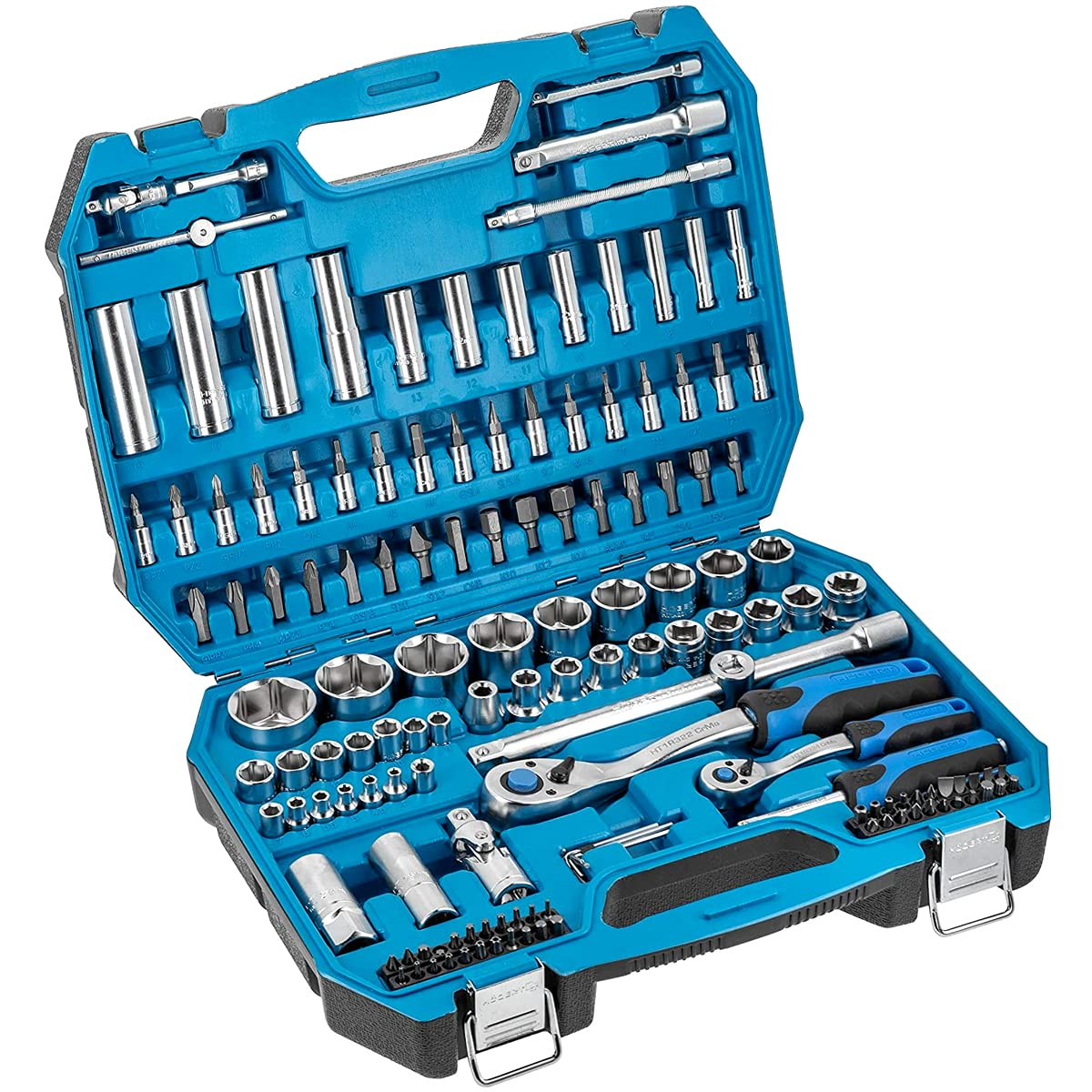Högert Technik Maletin Herramientas 144 Piezas, Llaves de Vaso, Puntas y Accesorios 1/4” y 1/2”, Acero Cr-V - HT1R440