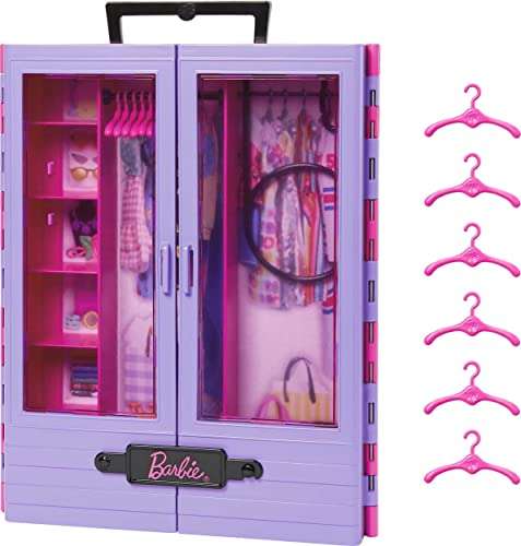 Barbie Fashionista Armario portátil para ropa de muñeca, incluye 6 perchas, no incluye muñeca, juguete +3 años