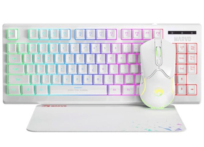 Combo Gaming 3 en 1 Marvo CM310 WH SP Blanco (Teclado TKL RGB, Ratón 3200 DPI, Alfombrilla Antideslizante, Anti-Ghosting)