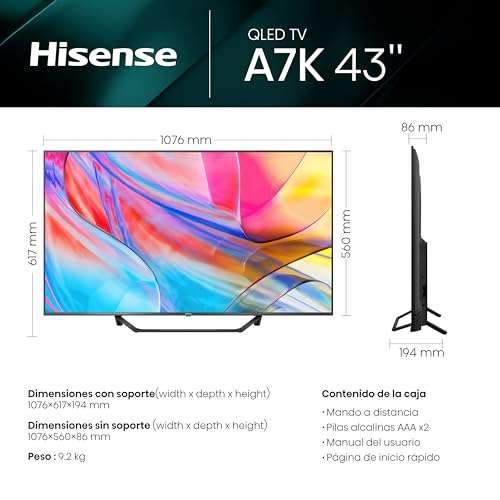 Hisense 43E7KQ - Smart TV QLED 43", Quantum Dot Colour, Dolby Vision/Atmos, Modo Juego PLUS, 60Hz VRR, Bluetooth&HDMI, VIDAA (2023)