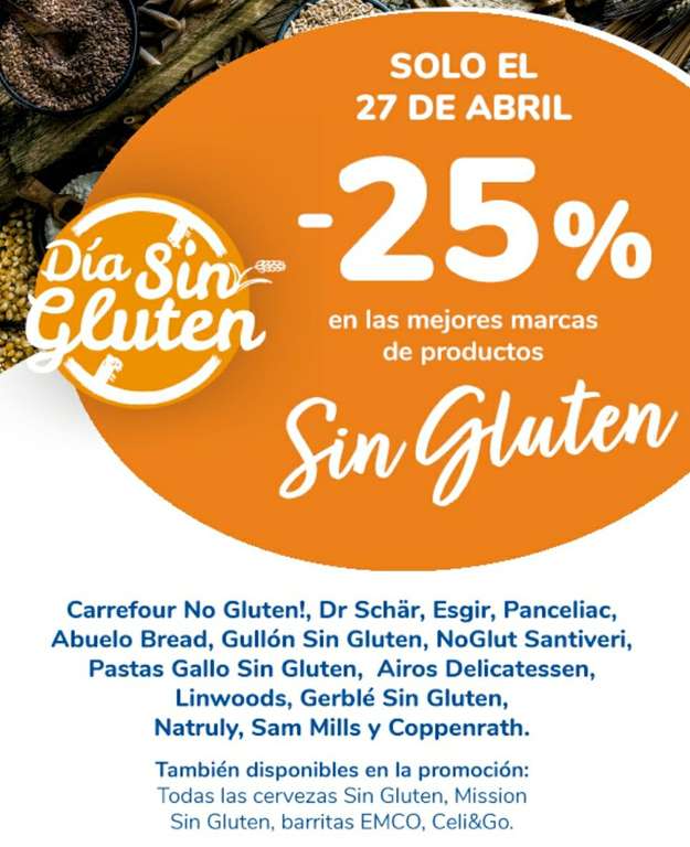 Día sin gluten Solo el 27/04, 25% dto. en las mejores marcas. ¡LOS CELIACOS EXISTIMOS!