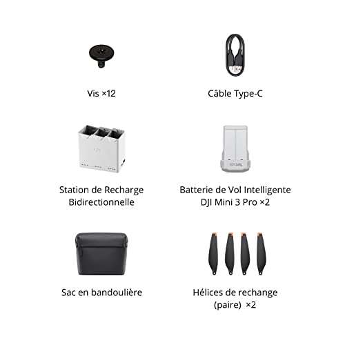 Pack Accesorios Para Drone Mini 3 Pro Fly More Kit : 2 Baterias, Buje de carga, 2x Hélice (par) , 12 x Tornillos, Bolso, Cable tipo C