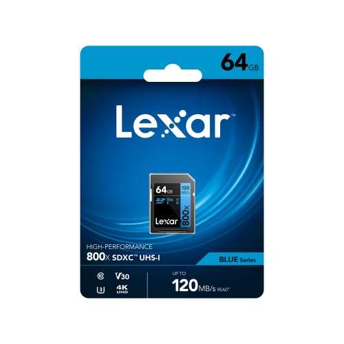 Lexar SDXC High Performance 64GB 800x UHS-I Serie Blue, Clase 10, U3, V30, para grabación de vídeo en 4K, Alta Velocidad de Transferencia