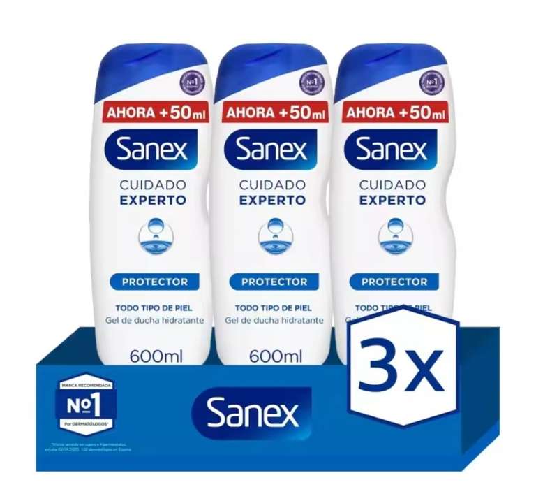 Gel de ducha o baño Sanex BiomeProtect Dermo piel normal, prebiótico, combate las bacterias 600 ml. Pack 3 [ Nuevo Usuario 3.81€]