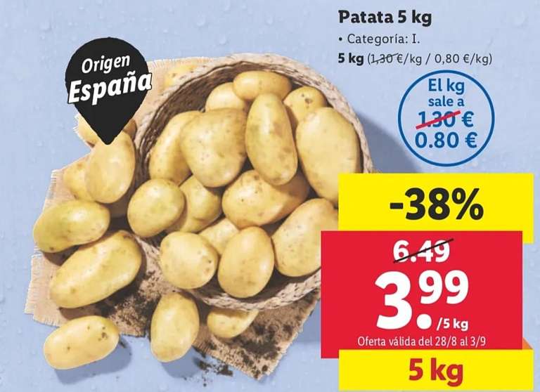 Malla de 5kg de patatas origen España a 3,99€ (0,80€/kg) en Lidl