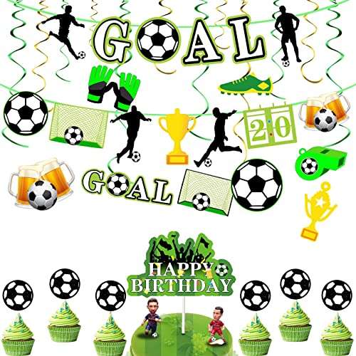 Decoración Cumpleaños Futbol, Banners de Tema de Fútbol incluidas 7 decoraciones para pasteles, 2 banderas, 12 adornos en espiral.