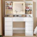 VASAGLE Kailyn Colección - Tocador con Espejo LED, Regleta, 9 Cajones, Lupa de 10x, Iluminación de 3 Colores, Montaje sin Herramienta