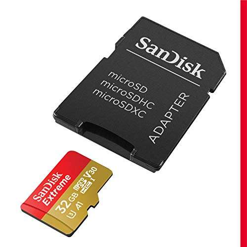 SanDisk Extreme - Tarjeta de memoria 32GB microSDHC + adaptador SD + Rescue Pro Deluxe, velocidad lectura 100 MB/s, Color Oro/Rojo