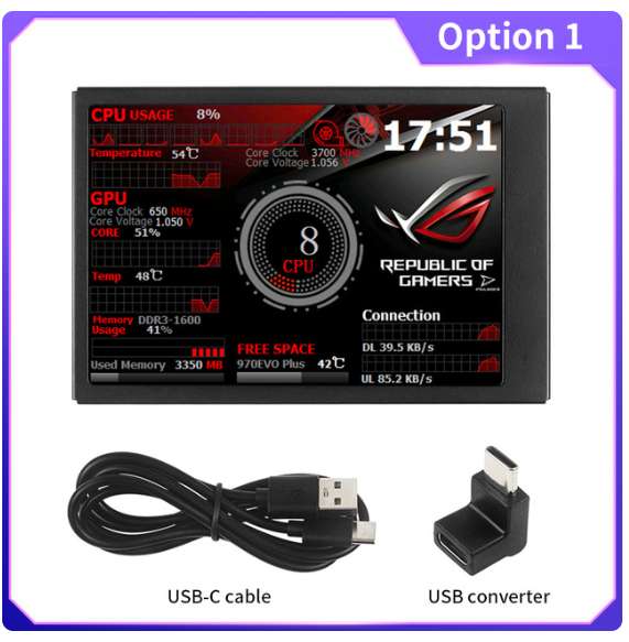 Pantalla secundaria tipo C AIDA64 de 3,5 pulgadas, pantalla LCD, CPU, GPU, RAM, monitoreo opcional, Base de USB-C