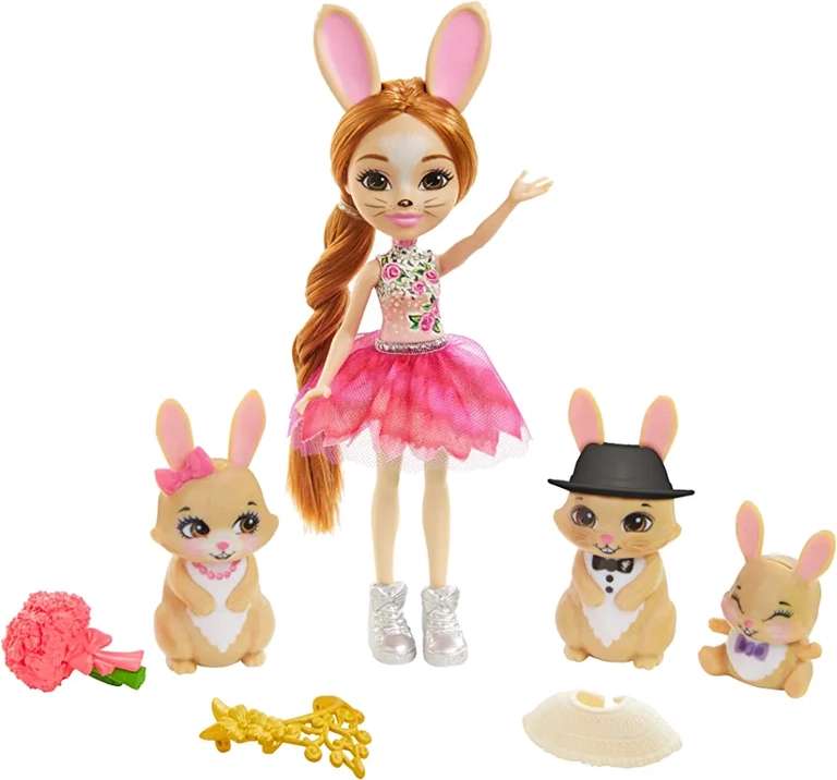 Muñeca con familia de conejos mascota de juguete vestidos de boda