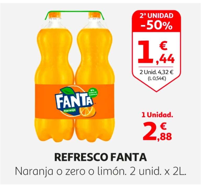 4 botellas de 2 litros de fanta naranja o limon (50% descuento, segunda unidad)