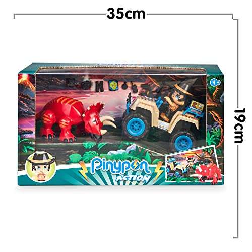 Pinypon Action - Wild Quad con Dino, incluye un vehículo de juguete, un styracosaurus rojo y un muñeco Pinypon explorador