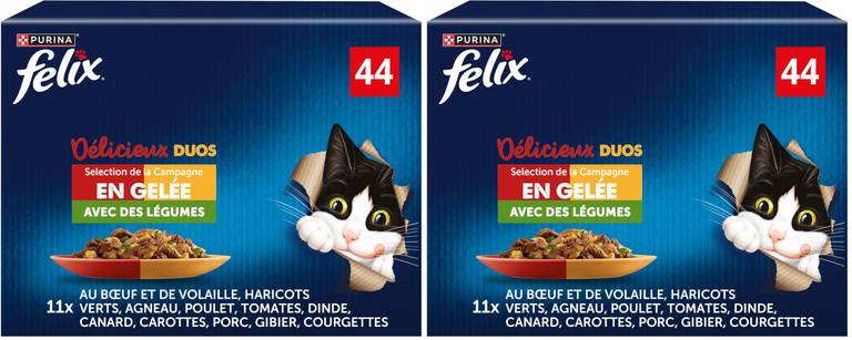 2 PAQUETES Purina, Felix, Delicioso dúo, Maxi Paquete, 88 SOBRESx 85g: 7,480 kg