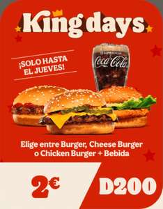 Hamburguesa Burger, Cheese Burger o Chicken Burger + bebida pequeña por 2€ (2,50€ en Baleares y Canarias) en Burger King (en restaurante)