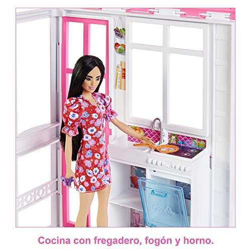Barbie Casa 2 pisos Casa amueblada para muñecas de juguete, incluye muñeca rubia y accesorios