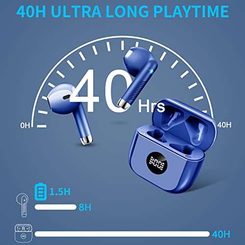 Auriculares Inalambricos Bluetooth 5.3 HiFi Estéreo, 40H con HD Mic, Doble LED Pantalla Control Táctil IP7 Impermeables, USB-C