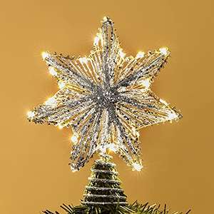 Estrella de Siete Puntas para Copa del Árbol de Navidad, 25 cm Adorno Navideño con Luz LED Lentejuelas Brillantes Base Espiral