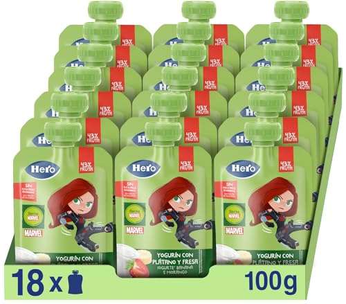 Hero - Bolsitas de Yogur con Plátano y Fresa, Sin Conservantes Para Bebés a Partir de los 12 Meses - Pack de 18 x 100 g