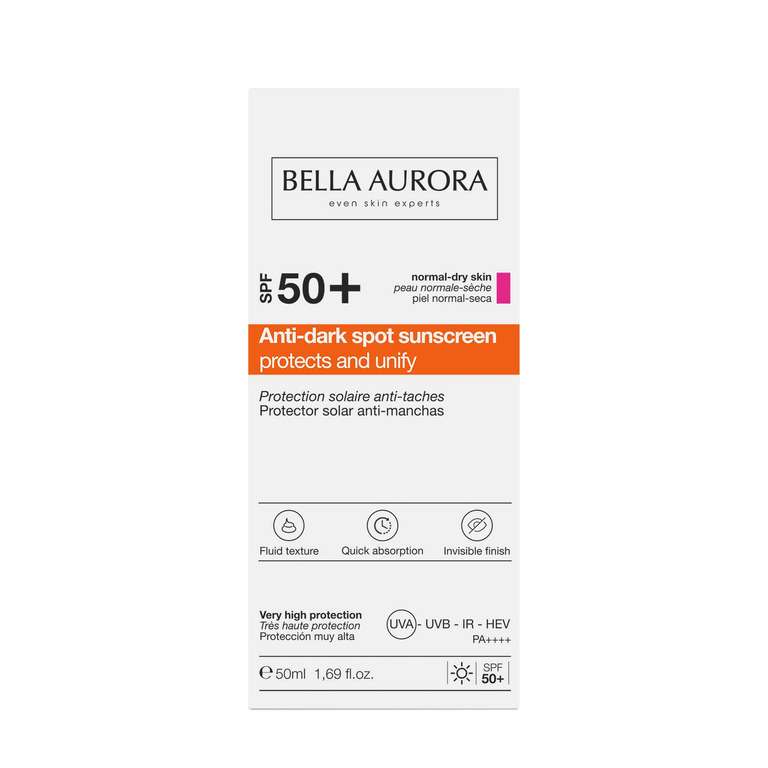 Bella Aurora Protector Solar SPF 50+ Facial Anti-Manchas Piel Normal Seca, 50 ml | Crema Protección del Sol Cara | Bloqueador Solar