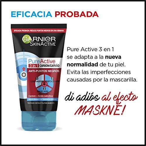 3x Garnier Skin Active - Pure Active, Gel Limpiador de Poros y Exfoliante Facial con Carbón 3 en 1, 150 ml [2'70€/ud]
