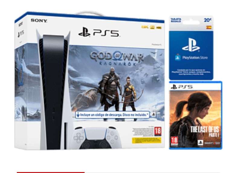 Sony PS5 Stand C, 825GB, 4K, Blanco + Juego God Of War: Ragnarok + Juego The Last Of Us: Parte 1 + Tarjeta 20€ PS Store
