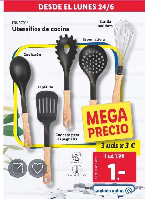 3 utensilios de cocina por 3€: cucharón, espátula, espumadora o varillas (a partir del lunes 24/06 en Lidl tienda física/online)