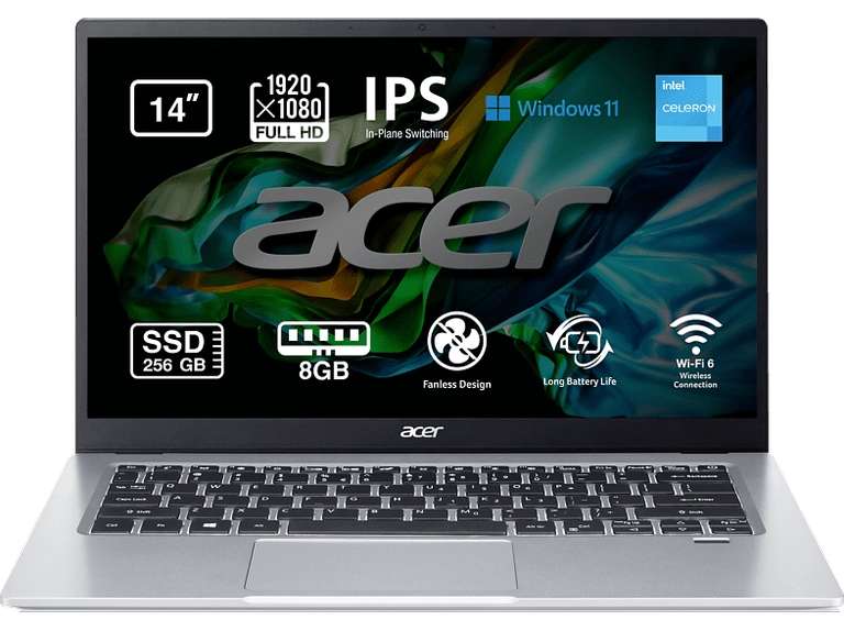 Portátil - Acer Swift 1 SF114-34-C4MB, 14" FHD, Intel Celeron N4500, 8GB RAM, 256GB SSD, UHD Graphics, W11