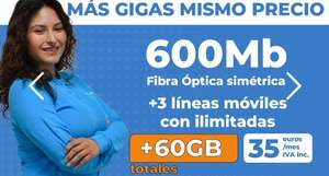 Fibra Óptica 1000 Mb + hasta TRES líneas móvil con ilimitadas + 60 GB totales (VARIAS OPCIONES MAS EN WEB)