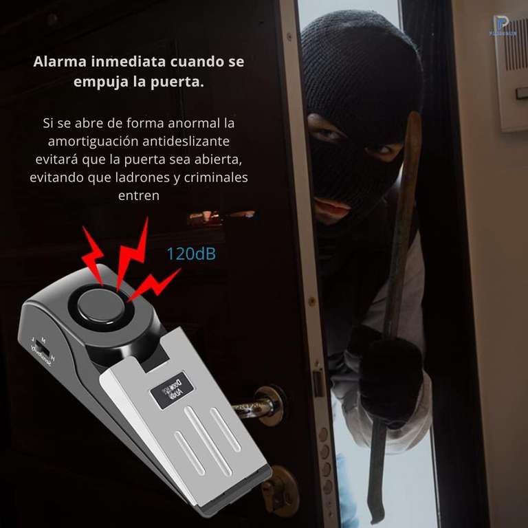 PLUSEGUR Tope de puerta con alarma y batería incluida de 9v, 3 niveles de sensibilidad, anti ladrones y okupas