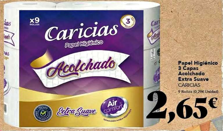 Pack 9 rollos papel higiénico Caricias Acolchado Extra Suave 3 capas x 2,65€
