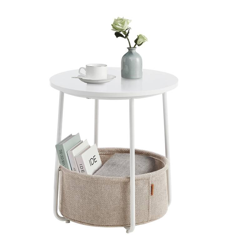 VASAGLE – Mesa Baja Redonda pequeña con Cesta de Tela, Almacenamiento para salón, Dormitorio, Estilo Moderno, Blanco Mate y marrón, Camel