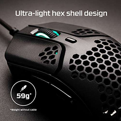 HyperX Pulsefire Haste Ratón para Juegos Ultraligero, 59 g, Carcasa Panal de Abejas, diseño Hexagonal,Cable Hyperflex, 16.000 PPP, 6 Botones