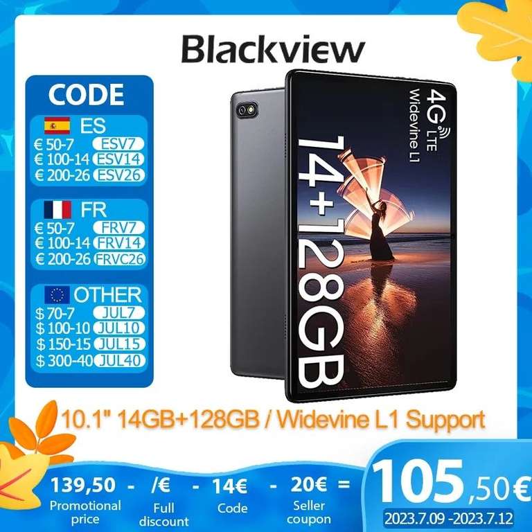 Tablet Blackview Oscal Pad 10, Android 12, Cámara 13MP + 8MP, Pantalla 10,1 ", 8GB, 128GB, 6580mAh (envío desde Francia)