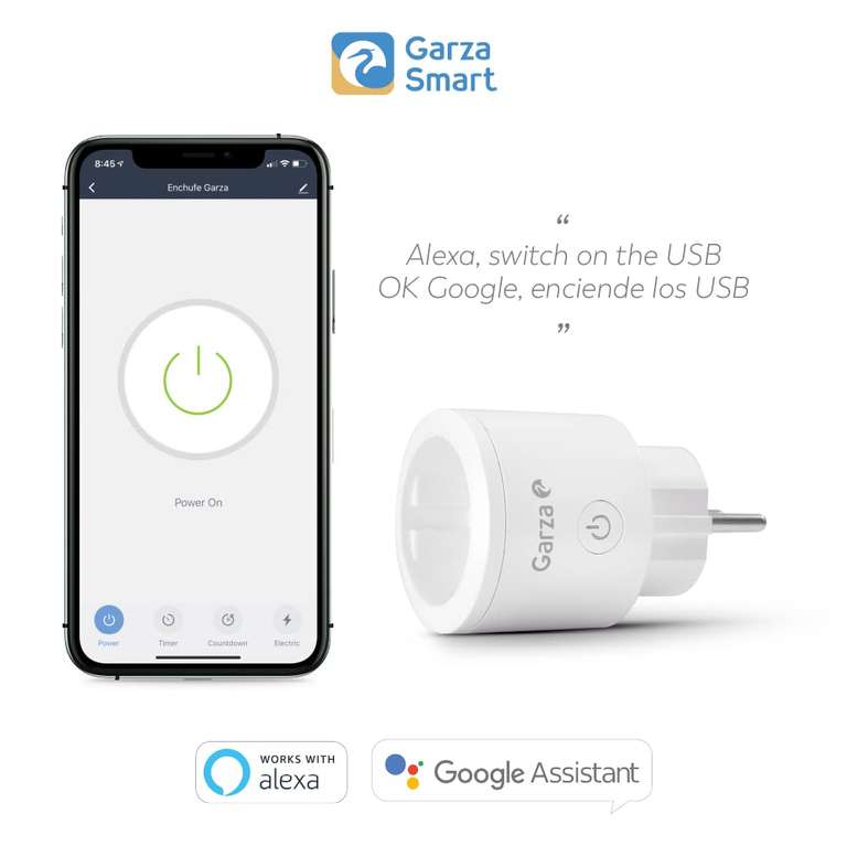 Enchufe Inteligente Doble Garza Smart - 2 Tomas + 2 USB, Medidor De Consumo, Compatible Con Alexa Y Google, WiFi 2.4GHz