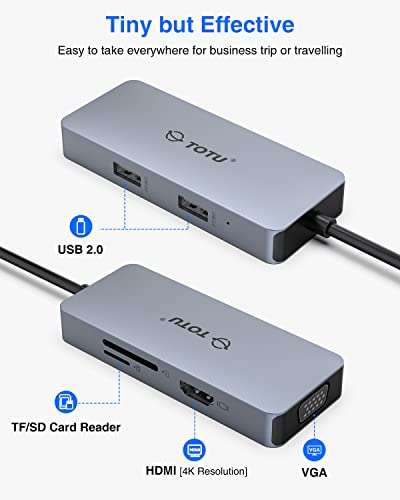 Hub USB C, 6 en 1 , Puerto HDMI 4K, VGA, 2 Puertos USB 2.0, Lector de Tarjetas SD/TF