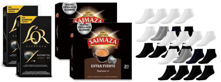 Pack 20 cápsulas l,or Nespresso + 40 cápsulas Saimaza + 24 pares calcetines
