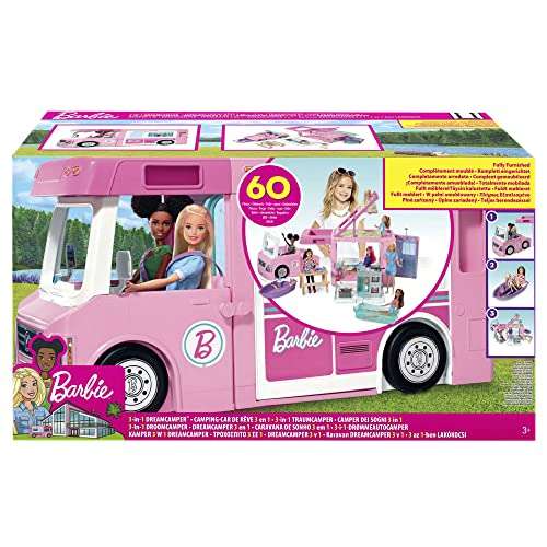 Barbie DreamCamper 3 en 1 - Autocaravana Transformable - Con Piscina, Camioneta y Barca