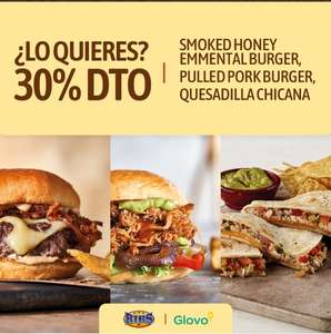 30% dto. en Smoked Honey Emmental Burger, Pulled Pork Burger y Quesadilla Chicana de Ribs pidiendo en Glovo