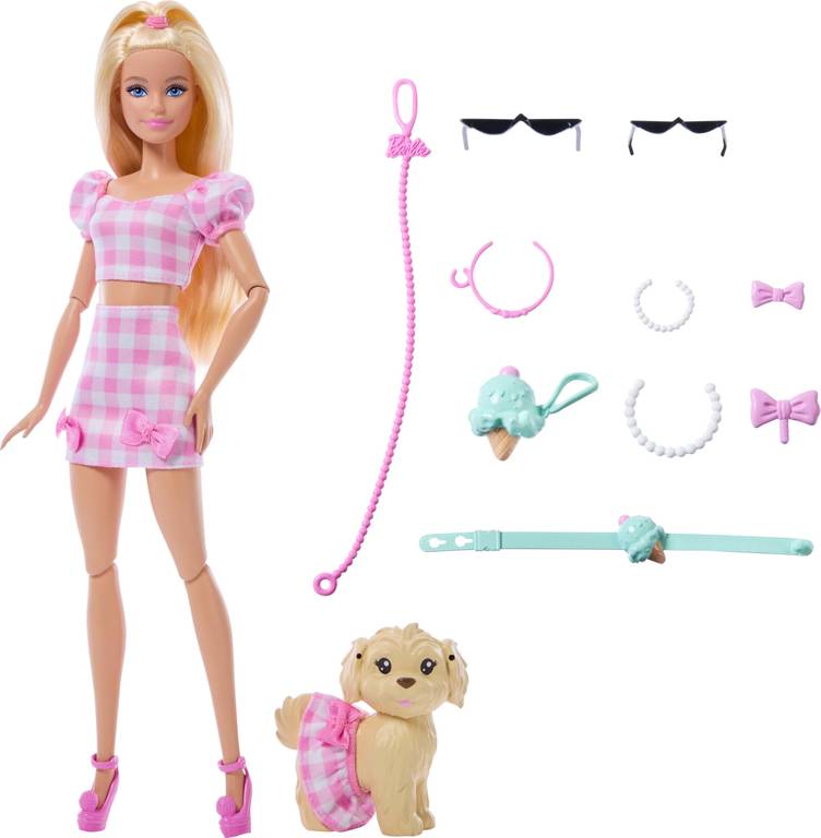 Barbie Twinning Looks Muñeca con perro mascota con ropa de vichy rosa a juego y accesorios como