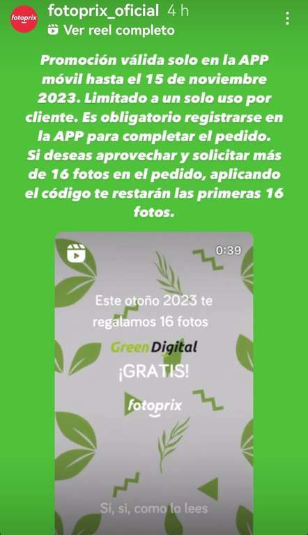 16 fotos gratis Green Digital Fotoprix. Envío a tienda gratis. Posibilidad +16 fotos = 32! Leer descripción entera
