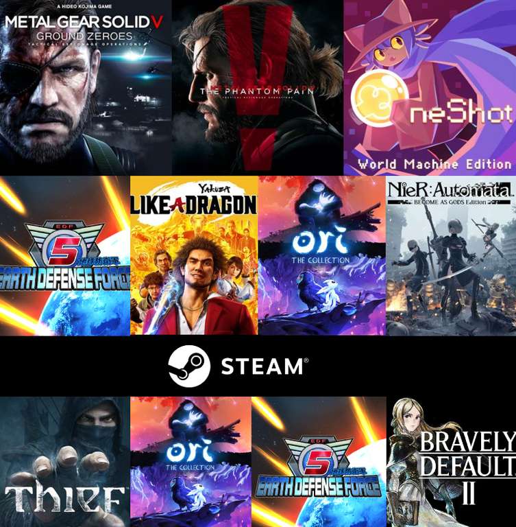 STEAM - OneShot, Saga (Metal Gear, Thief, NieR, Ori, Disgaea), Ace Combat, Erath Defense, Chrono Trigger y otros