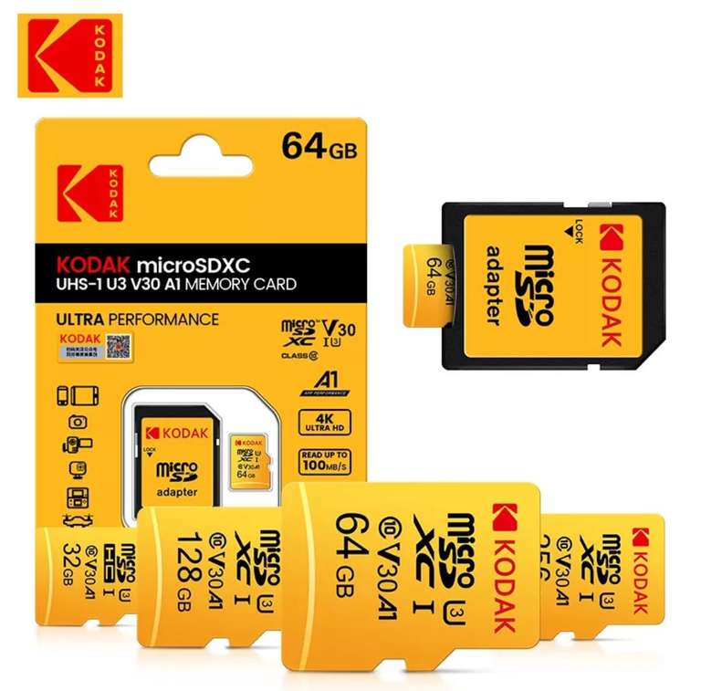 Kodak-tarjeta micro sd U3 Original, Clase 10 memoria Flash, 64GB, SDHC, SDXC, C1con Adaptador sd