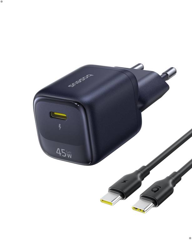 Baseus Cargador USB C 45W GAN con Cable 1 m, Adaptador Carga rápida Samsung S25 Ultra/S24, iPhone 17/16/15 Pro MAX, iPad, MacBook, Pixel