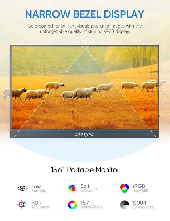 Arzopa-Monitor portátil FHD 15,6" 1080P IPS USB-C mini-hdmi, Mac, portátil, PC, Android, Switch, Xbox, PS4/5